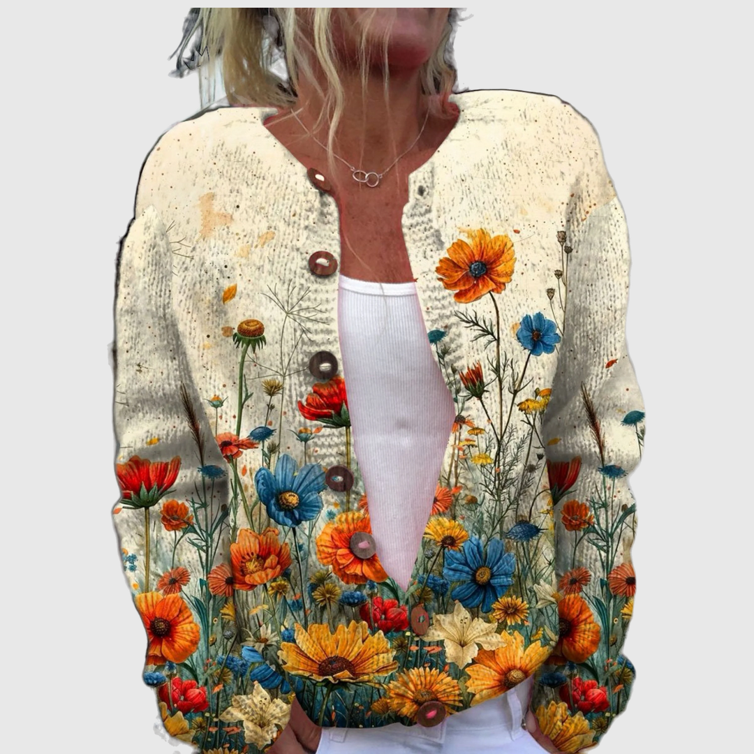 Renate Cardigan mit einer bunten Sommerwiese aus Gänseblümchen und Wildblumen – Stefan Berlin