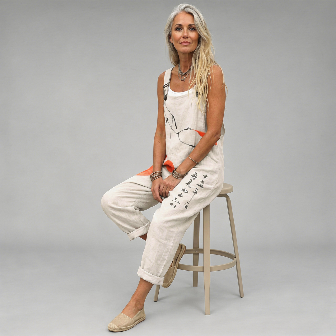 Cremefarbene Damen-Latzhose mit orangefarbenen Kreisen und asiatischem Tusche-Print