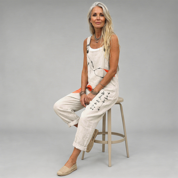 Cremefarbene Damen-Latzhose mit orangefarbenen Kreisen und asiatischem Tusche-Print