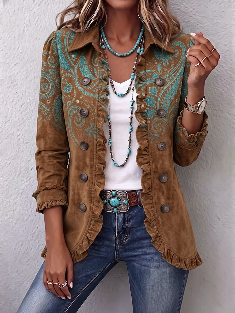 Ilse Blazer in Braun mit türkisfarbenem Paisley-Muster und Rüschensaum – Stefan Berlin