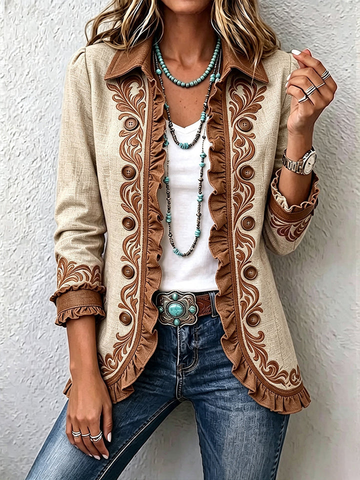Heike Blazer in Creme mit brauner Ornamentbordüre und Kontrastrüschen – Stefan Berlin