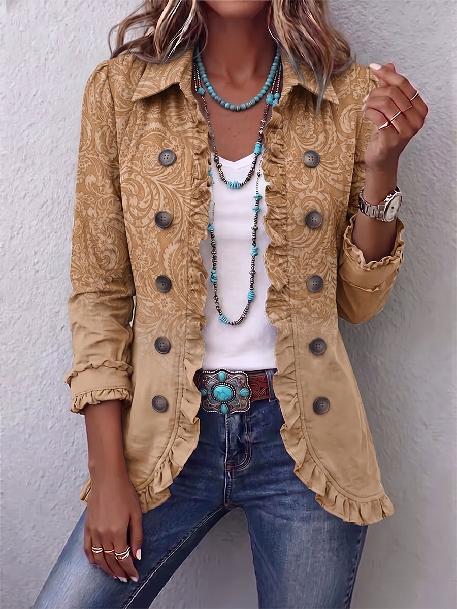 Inge Blazer in Khaki mit feinem Muster Ton in Ton und Rüschensaum – Stefan Berlin
