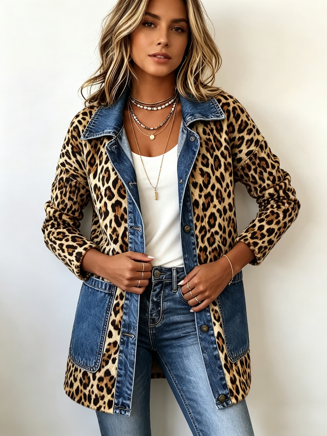 Regina lange Jacke mit Leoparden-Print und hellblauen Kontrasteinsätzen – Stefan Berlin