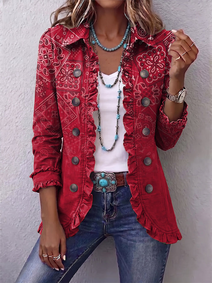Martina Blazer in Rot mit hellem Bandana-Muster und Rüschensaum – Stefan Berlin