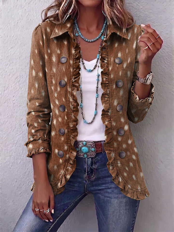 Nicole Blazer in Braun mit hellem Tupfen-Print und Rüschensaum – Stefan Berlin