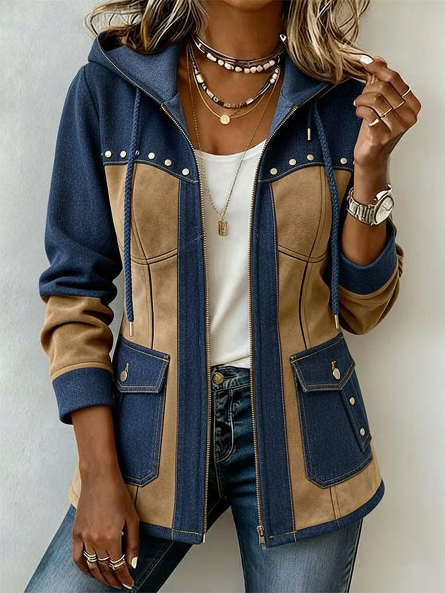 Beate Kapuzenjacke im Patchwork-Look in Marineblau und Camel – Stefan Berlin