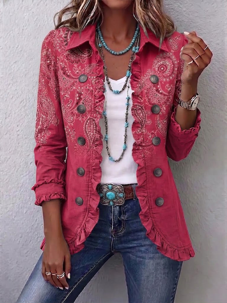 Manuela Blazer in Beerenrosa mit Paisley-Muster Ton in Ton – Stefan Berlin