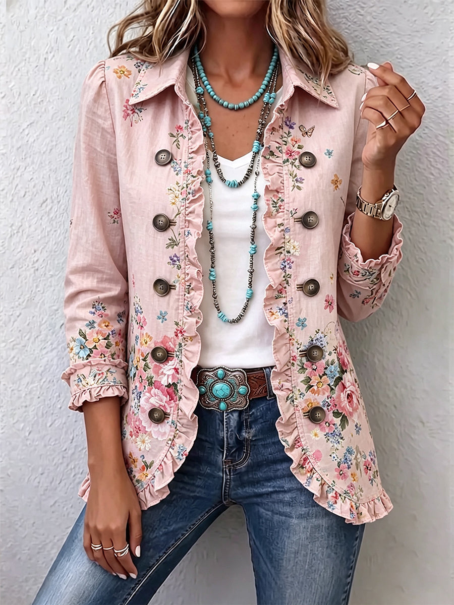 Hannelore Blazer in zartem Rosé mit kleinen Blüten und Rüschensaum – Stefan Berlin