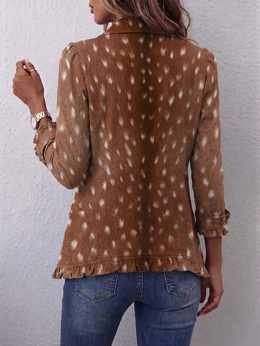 Nicole Blazer in Braun mit hellem Tupfen-Print und Rüschensaum – Stefan Berlin