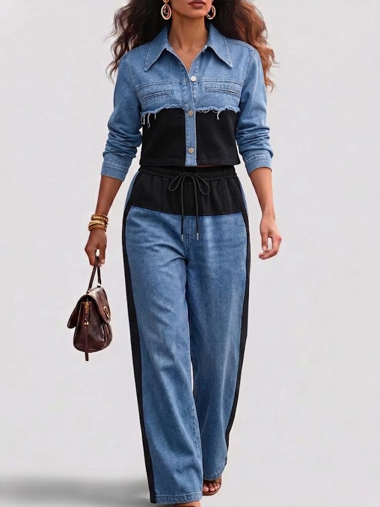 Ulrike Zweiteiler aus kurzer Jacke und weiter Hose im blauen Waschungs-Look – Stefan Berlin