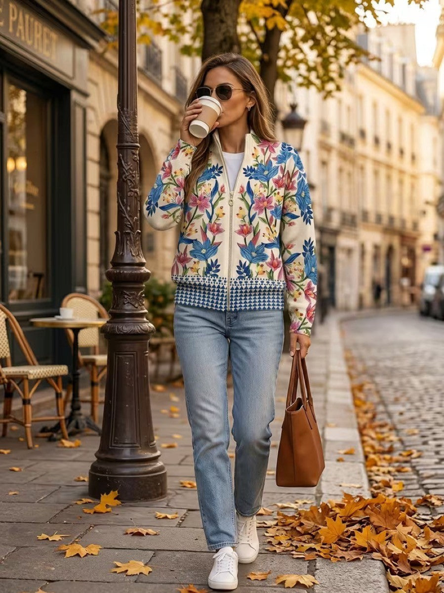 Claudia | Zip-Strickjacke mit Blütengarten