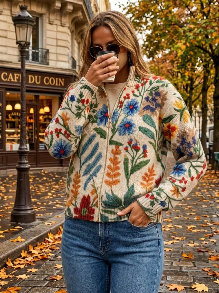 Claudia | Zip-Strickjacke mit Blütengarten