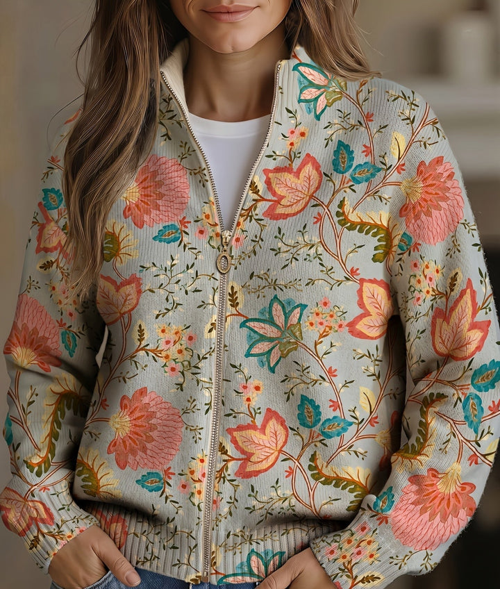 Karin | Zip-Strickjacke mit Vintage-Blüten